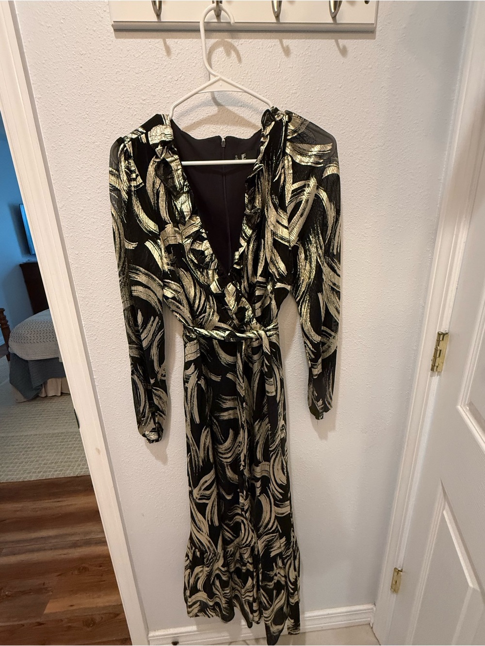 Leslie Fay Black and Gold Metallic Wrap Dress